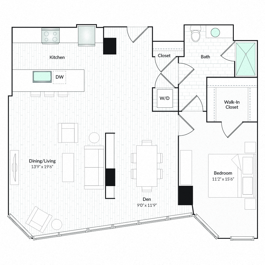 Floor plan for 1 bed, 1 bath, 1069 sqft